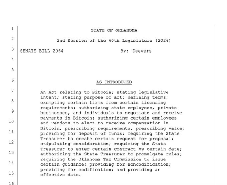 R13NUS's tweet photo. 🚨BREAKING: 🇺🇸 Oklahoma pre-files Bitcoin payments bill, set to be introduced Feb 2.

The bill will allow state employees and vendors to receive payment in $BTC. https://t.co/ehOGtx5voz