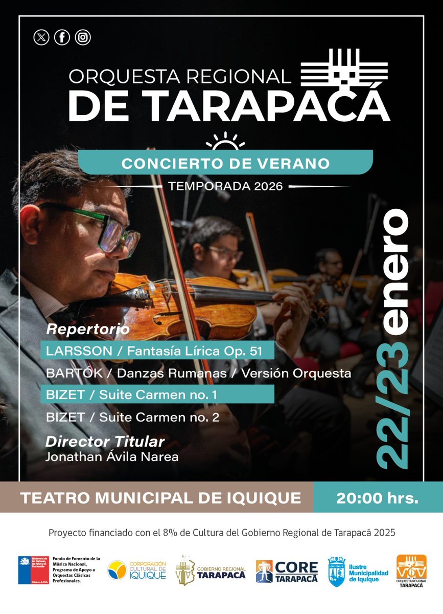 Hoy viernes 20.00 h CONCIERTO 🎶 DE LA ORQUESTA REGIONAL  🎼

ENTRADA LIBERADA, por orden de llegada.

Teatro abre sus puertas a las 19.15 h.
Bienvenidos

<a href="/culturas_cl/">Ministerio de las Culturas</a> <a href="/Gore_Tarapaca/">Gobierno Regional Tarapacá</a> <a href="/CoredeTarapaca/">CORE Tarapaca</a> <a href="/CulturaIquique/">Cultura Iquique</a> <a href="/IquiqueDeTodos/">Municipalidad de Iquique</a> <a href="/sernatur_1/">Sernatur Tarapacá</a>