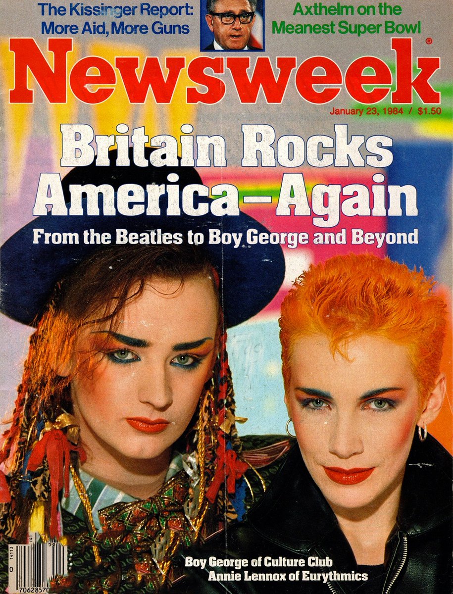 ThatEricAlper's tweet photo. On this day in 1984, Boy George and Annie Lennox appeared on the cover of Newsweek under the headline “Britain Rocks America - Again,” capturing the UK pop takeover. https://t.co/KkJz33rflh