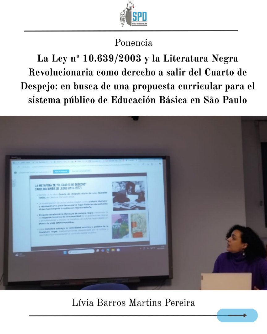 spd_ucm's tweet photo. En la Sesión II del SPDE se presentaron dos ponencias que abrieron un espacio de reflexión crítica.
Lívia Barros Martins: La Ley nº 10.639/2003 y la literatura negra revolucionaria como derecho a salir del Cuarto de Despejo.
Henrique da Silva Lourenço: Educación y escolarización https://t.co/1Q9Uc12eKW