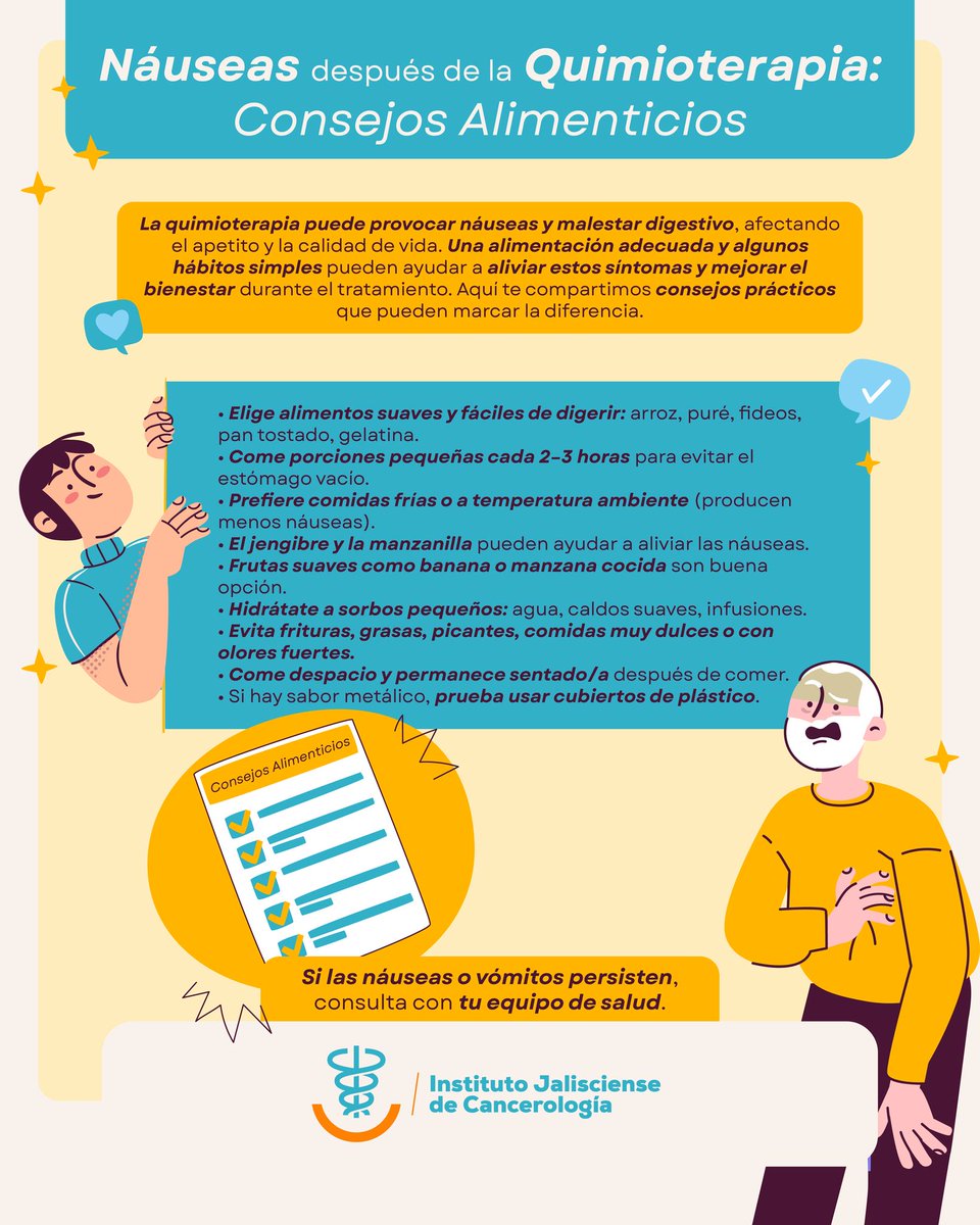 🤍 Las náuseas después de la quimioterapia son frecuentes, pero pequeños cambios en la alimentación pueden ayudar a aliviarlas.
Te compartimos tips prácticos para sentirte mejor y cuidar tu cuerpo durante el tratamiento 💙👇
