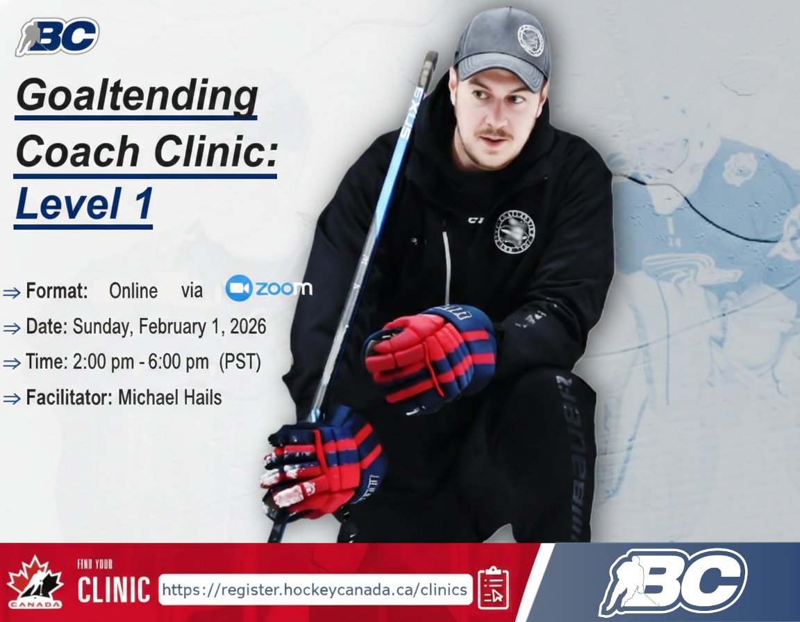 Calling all goalie coaches! 🥅

BC Hockey is hosting a Instructional Stream - Goaltending 1 clinic in February via ZOOM.

The framework for success in goal. Foundational priorities for goalies and goalie coaches.

📆Sunday, Feb 1
⏰ 2 PM
📍ZOOM
📝Register: page.spordle.com/bch/clinics/1f…