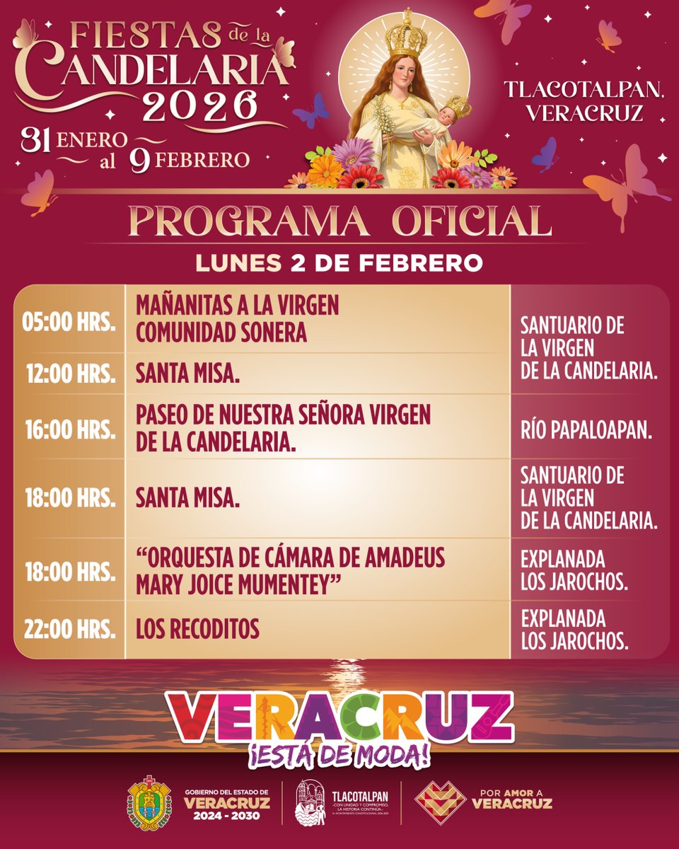 ¡Llegan las Fiestas de La Candelaria 2026! 👑

Del 31 de enero al 2 de febrero Tlacotalpan se llena de alegría y tradición, con actividades culturales, música en vivo, gastronomía típica, artesanías y celebraciones que conservan nuestras raíces.

#VeracruzEstáDeModa 🌟
