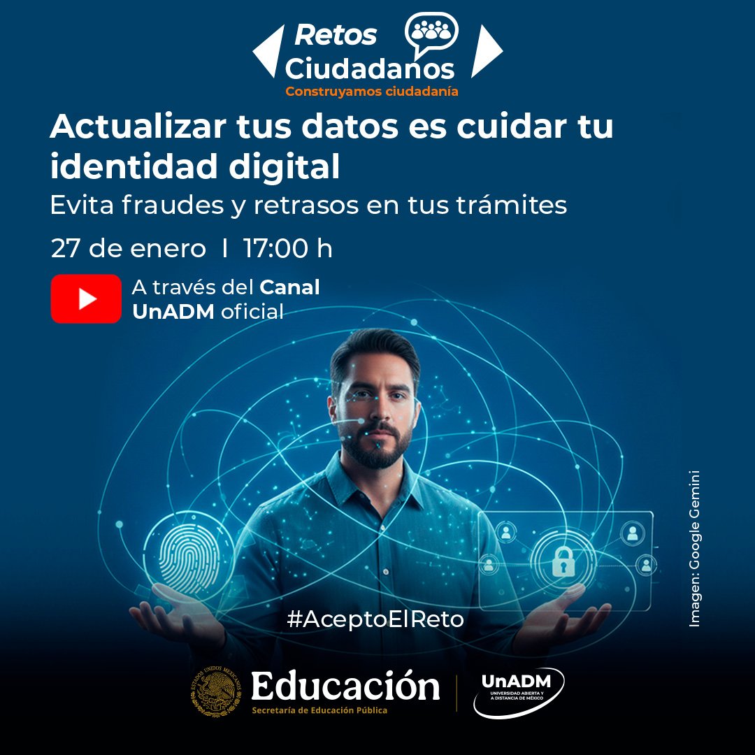 🔐 Protege tu identidad digital.

Actualiza tus datos oficiales y evita fraudes en trámites y servicios.

📅 27 de enero | ⏰ 17:00 h

🎥 youtube.com/watch?v=QWgz6s…

#RetosCiudadanos #AceptoElReto