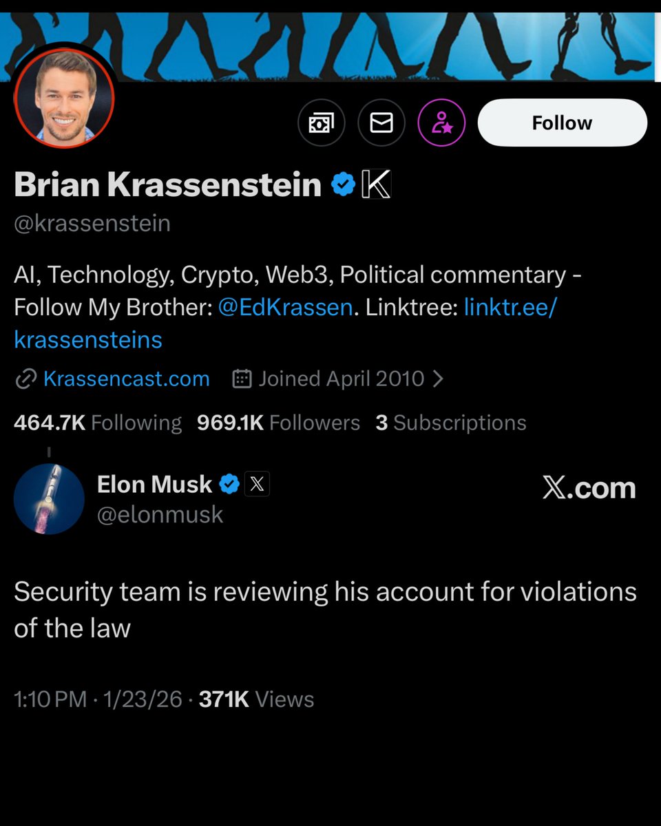 EricLDaugh's tweet image. 🚨 BREAKING: Elon Musk announces investigation into Brian Krassenstein's X account for violations of the LAW by the X security team

GOOD. It's about freaking time.