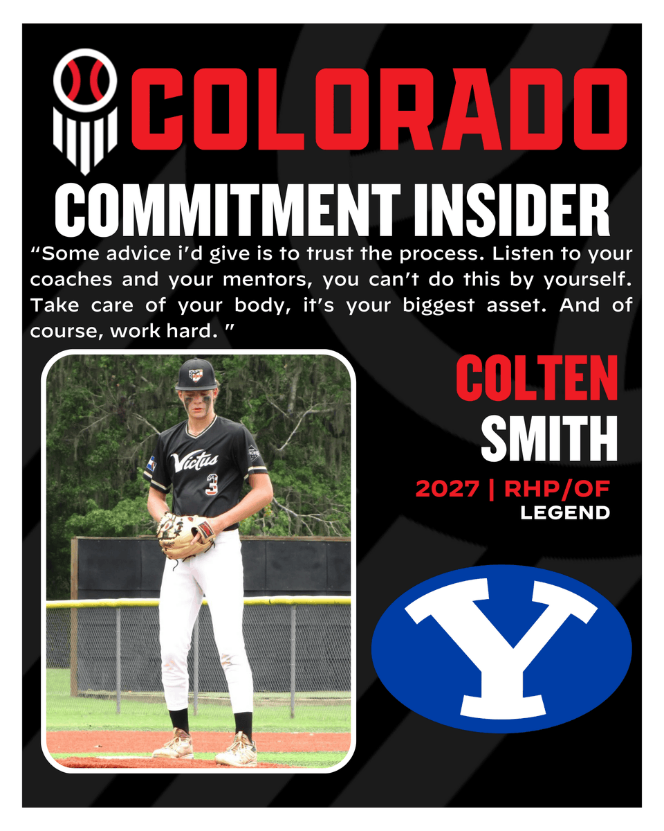 PrepBaseball_CO's tweet photo. 𝑪𝒐𝒎𝒎𝒊𝒕𝒎𝒆𝒏𝒕 𝑸&𝑨 𝒘𝒊𝒕𝒉 𝑪𝒐𝒍𝒕𝒆𝒏 𝑺𝒎𝒊𝒕𝒉 (𝑩𝒀𝑼) 🎙️

Full Q&A 🔗 : https://t.co/Mus7QHgmld | @ColtenSmith__

Smith is one of Colorado's top ranked two-way players and comes with no shortage of athleticism and twitch. The 6'4'', 194 Ibs right-hander and outfielder already a fastball in the low 90s and runs a 6.62 60-yard dash time. We can also tell you that the Future Games alumni has posted a top exit velocity up to 102.3 mph with the bat. Smith will be taking his impressive toolset to BYU following his senior spring, and is certainly a name to watch closely over the next few years.