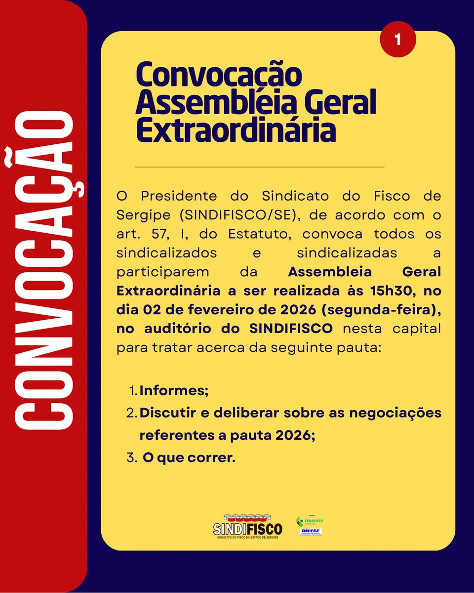 SINDIFISCOSE's tweet image. Convocação assembleia geral  extraordinária