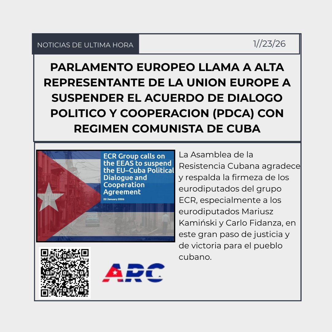 #cuba #salvaracuba “La Asamblea de la Resistencia Cubana agradece y respalda la firmeza de eurodiputados del grupo ECR, especialmente a los eurodiputados Mariusz Kamiński y Carlo Fidanza, en este gran paso de justicia y victoria para el pueblo cubano." -Orlando Gutierrez Boronat