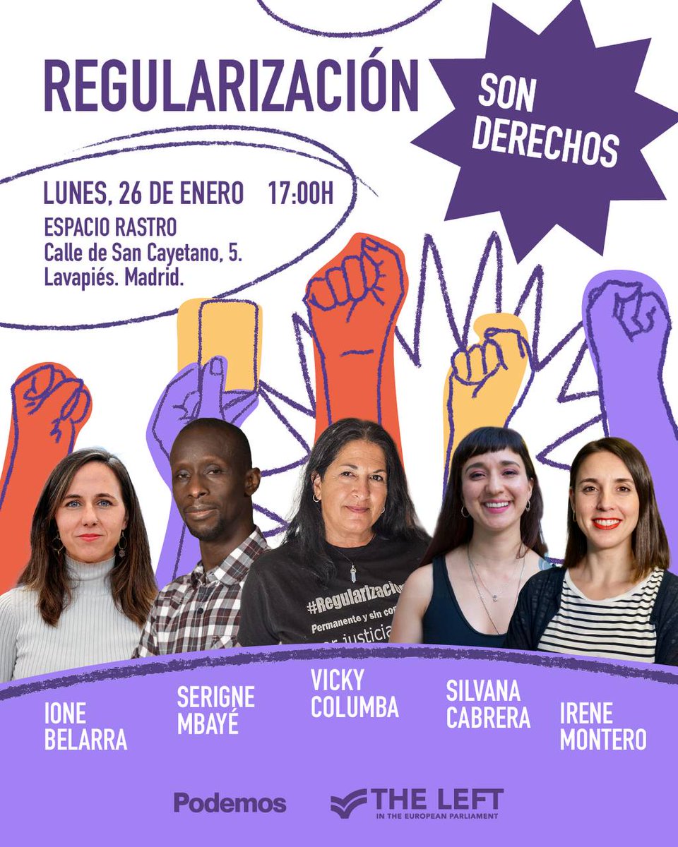 📢 Este lunes 26 a las 17h en Lavapiés: hablamos de #Regularización como lo que es — una cuestión de derechos. Con voces imprescindibles como <a href="/ionebelarra/">Ione Belarra</a>, <a href="/Serigne_Mbaye_/">Serigne Mbaye</a>, <a href="/IreneMontero/">Irene Montero</a>, Vicky Columba y Silvana Cabrera.  
#SonDerechos #NadieEsIlegal