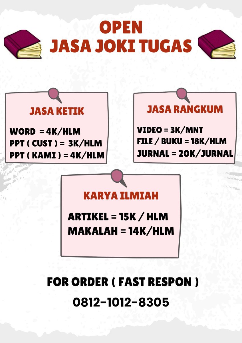 raynaldoo_'s tweet photo. OPEN JASA JOKI TUGAS MURAH !!!👋

-JASA KETIK
-JASA RANGKUM
-KARYA ILMIAH

OPEN JUGA UNTUK (SD,SMP,SMA/SMK)

#jasajokitugas
#jokitugas
#jokitugasmurah https://t.co/sJ44tenrLS