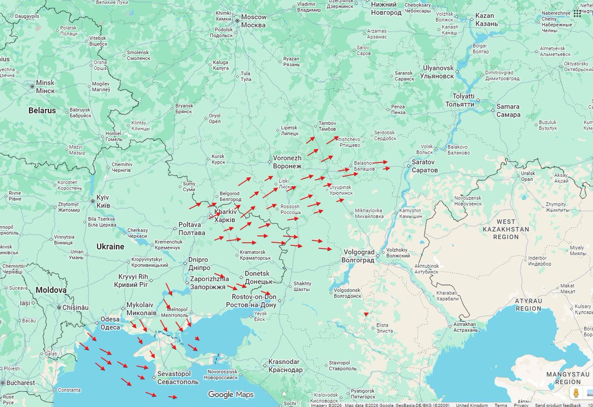 raging545's tweet image. Map via Russian media of drone tracking into Russia and the occupied territories at the moment. Several explosions have allegedly been heard in Crimea &amp;amp; the Voronezh region with Russian air defense being active.