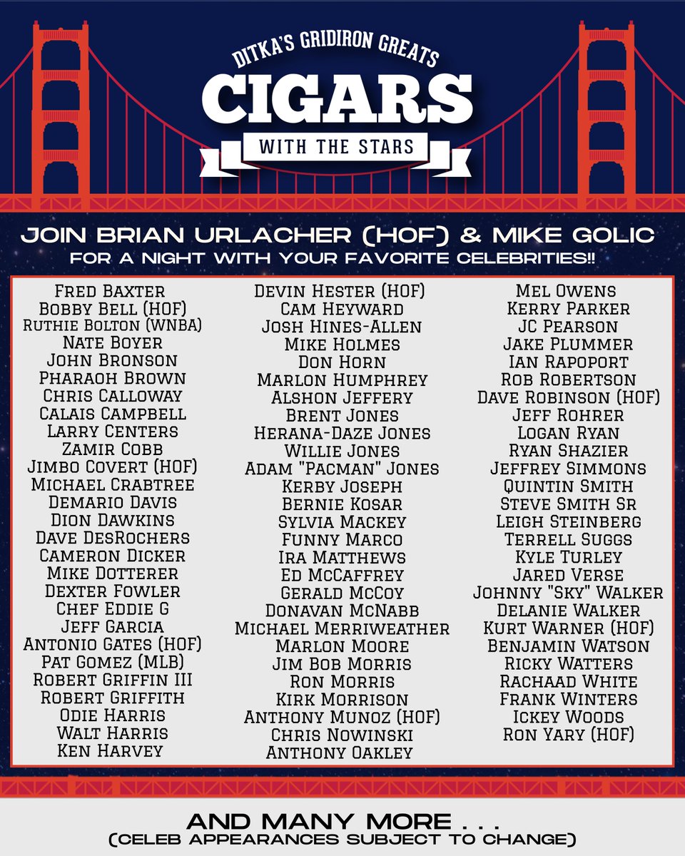 Check out the growing lineup of celebrities joining us for the 2026 Mike Ditka’s <a href="/Gridiron_Greats/">GridironGreats</a> Cigars with the Stars! 🌟🏈 More names to come—stay tuned for updates!
🎟 Tickets: bit.ly/2026DitkasCiga…

#DitkasGridironGreats <a href="/BUrlacher54/">Brian Urlacher</a> <a href="/golic/">Mike Golic</a> <a href="/SuperBowl/">Super Bowl</a>