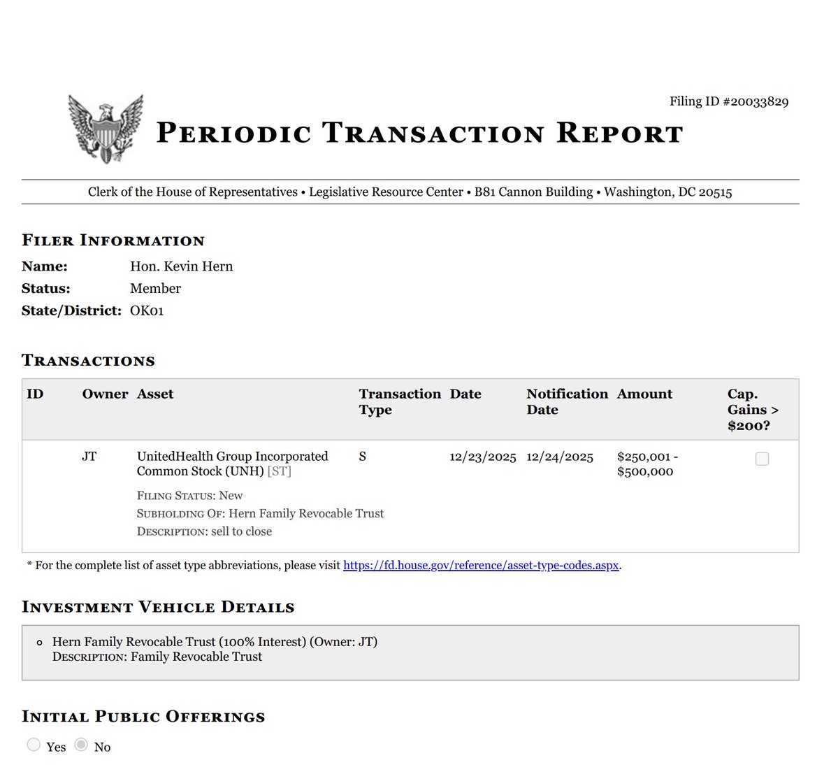 pelositracker's tweet image. Keep an eye on this one ✍️

Rep. Kevin Hern just sold off his entire $500,000 position in United Health $UNH

His note in the filing was "Sell to close"

Hern sits on the House Subcommittee on Health