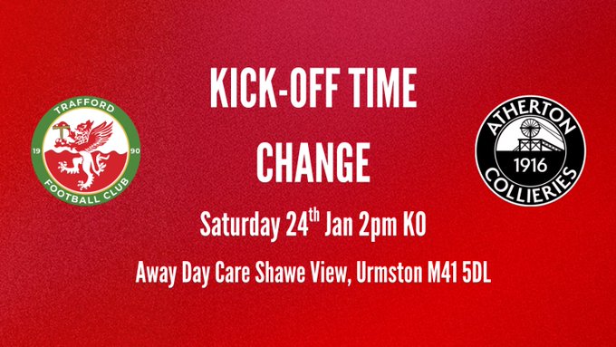 FCTrafford's tweet photo. DON'T FORGET! Tomorrow's home game versus Atherton Collieries - our first home NPL game since Boxing Day nearly a month ago - kicks off at 2pm not 3pm. See you there!!! #nonleaguefootball https://t.co/lHzUTAaGRw