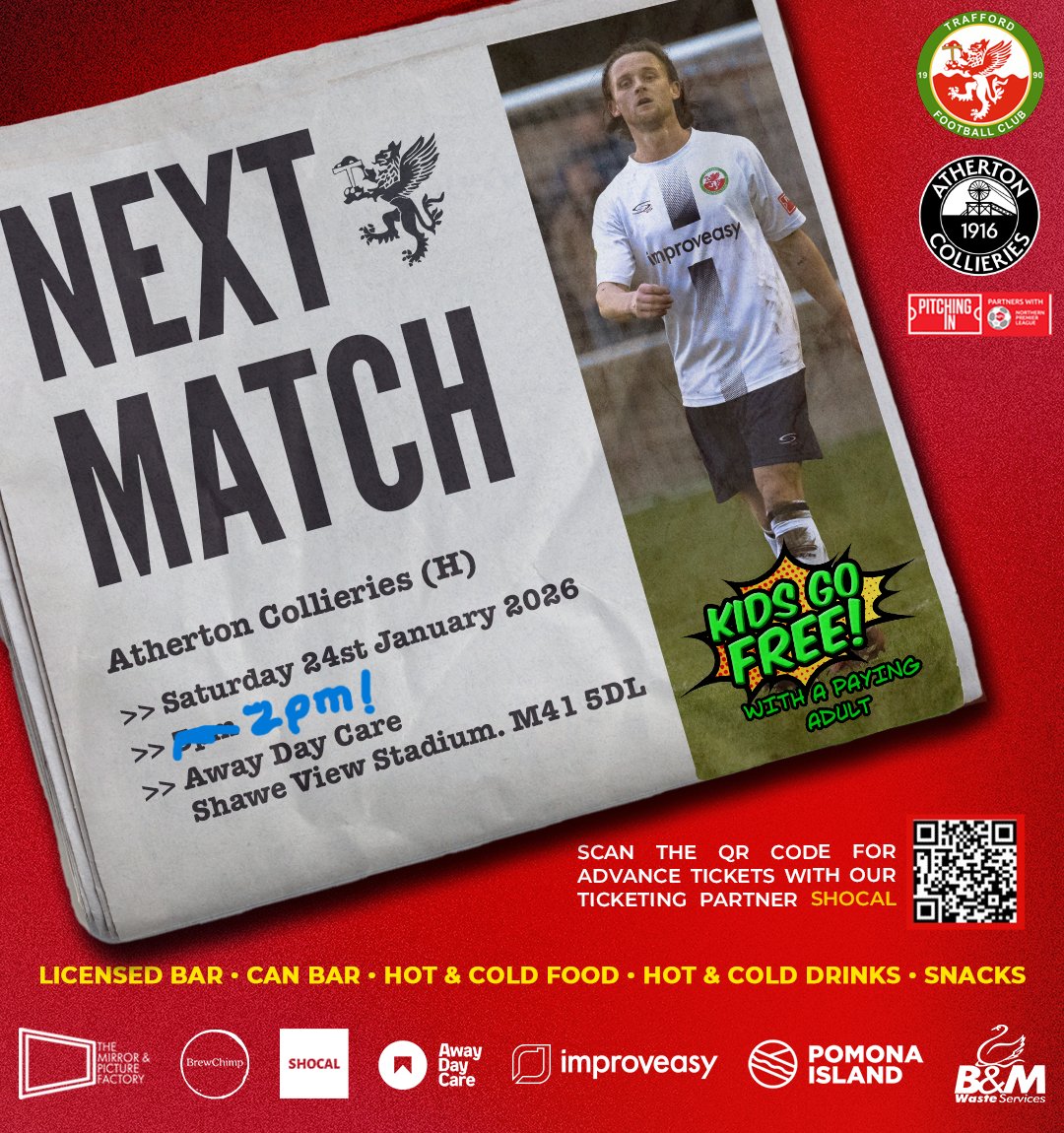 FCTrafford's tweet photo. DON'T FORGET! Tomorrow's home game versus Atherton Collieries - our first home NPL game since Boxing Day nearly a month ago - kicks off at 2pm not 3pm. See you there!!! #nonleaguefootball https://t.co/lHzUTAaGRw
