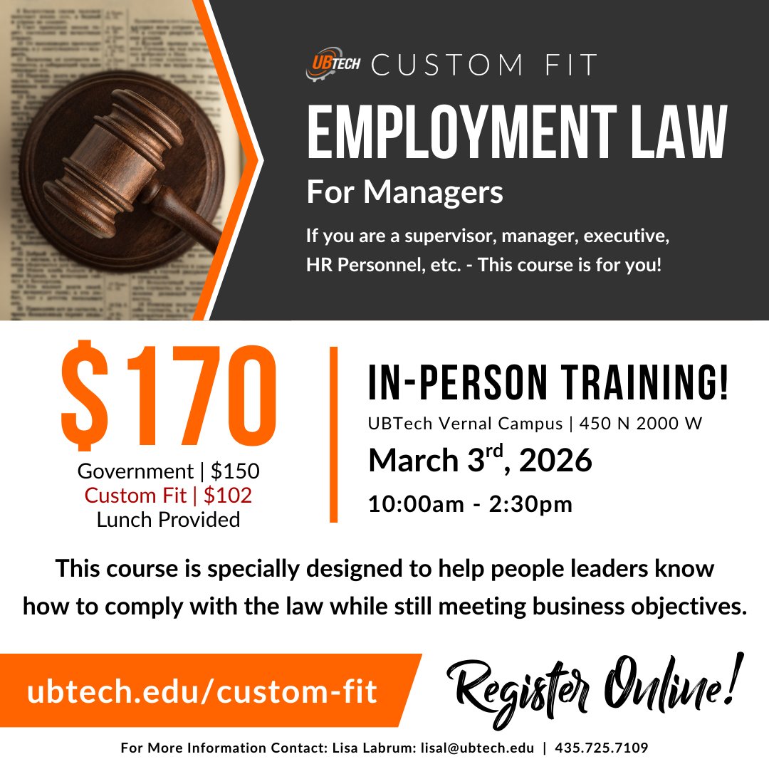 UBTechTitans's tweet image. UBTech Custom Fit is offering Employment Law for Managers in March! Head to the link below to register ⚙️⬆️
👉loom.ly/hd9L15M

#Utah #TheBasin #GearsUp #GoTitans