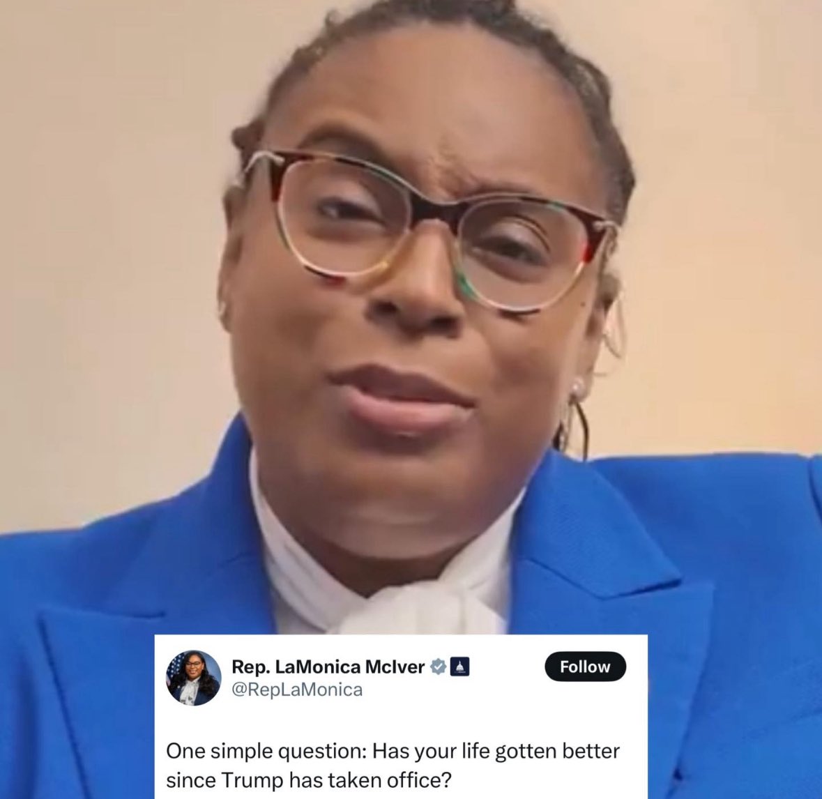 TrumpsHurricane's tweet image. Democrat Rep. LaMonica McIver has one question for you: “Has your life gotten better since Trump has taken office?”

What’s your Response to her ??
