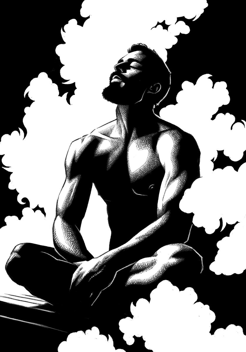 PointingNorth3's tweet photo. Some character art for my upcoming book "Bluebeard's Key." Tom's first view of Zayan in the sauna. https://t.co/Fu3Z7kEpuz