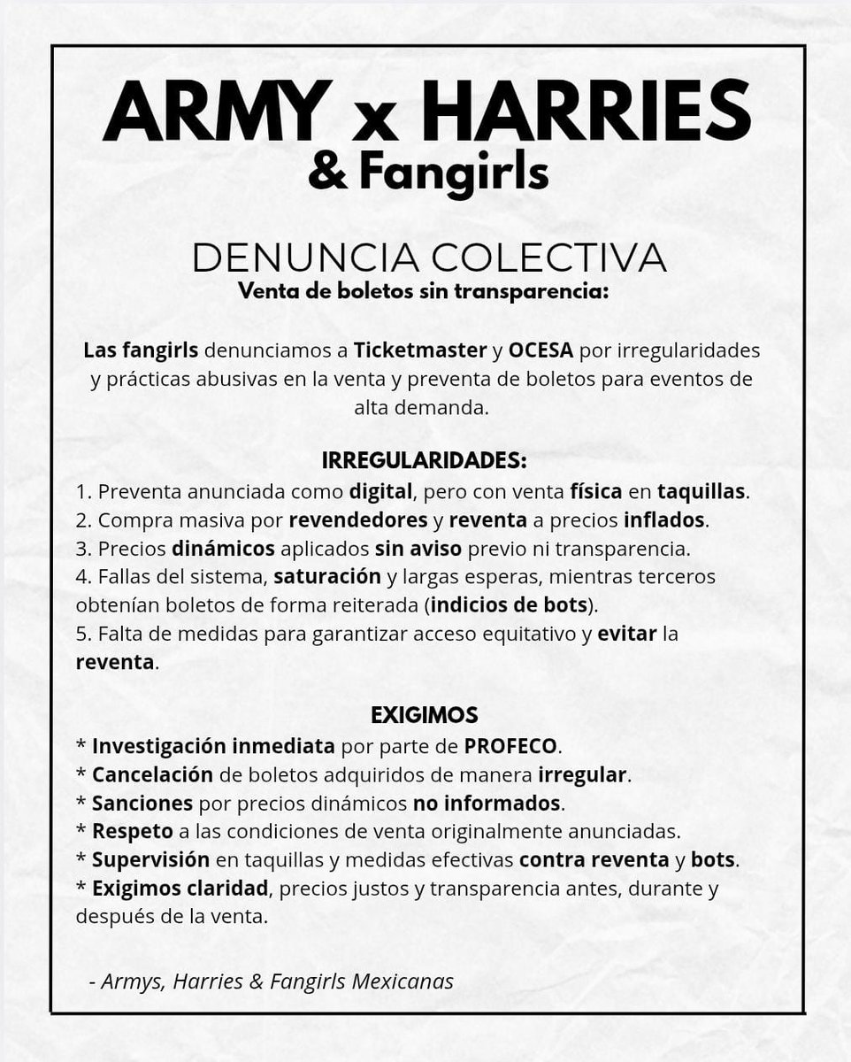 Las fangirls estamos cansadas de eventos sin claridad, exigimos que se nos respete como consumidoras.

#AMYSxHarries #OcesaBajoLaLupa
#OcesaHarriesQueremosPrecios 
<a href="/ocesa_pop/">Ocesa Pop</a> <a href="/ocesa_total/">Ocesa Total</a> <a href="/Ticketmaster_Me/">Ticketmaster México</a> <a href="/Profeco/">Profeco</a>