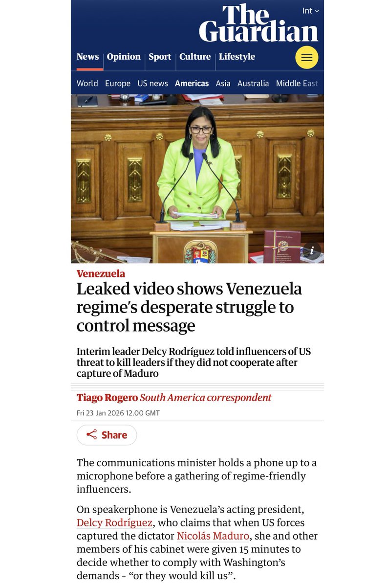 ￼￼🇻🇪🇺🇸🔴ATENCIÓN. Delcy Rodríguez: “Nos dieron 15 minutos o nos matarían”

Delcy admite que, tras la captura de Maduro, Estados Unidos le dio 15 minutos a ella, a su hermano Jorge Rodríguez y al ministro del Interior, Diosdado Cabello, para acatar las exigencias de Washington o