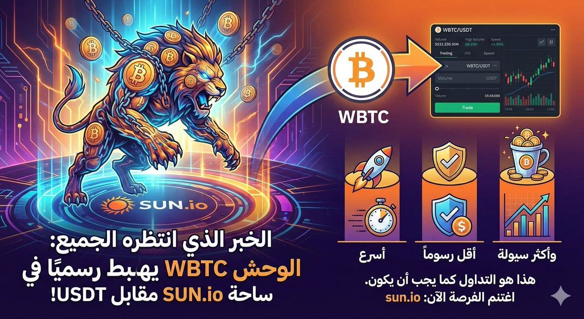 الخبر الذي انتظره الجميع
الوحش WBTC يهبط رسميًا في ساحة SUN.io مقابل USDT.
أسرع، أقل رسوماً، وأكثر سيولة.. هذا هو التداول كما يجب أن يكون.
اغتنم الفرصة الآن: sun.io
#TRON #TRONGlobalFriends