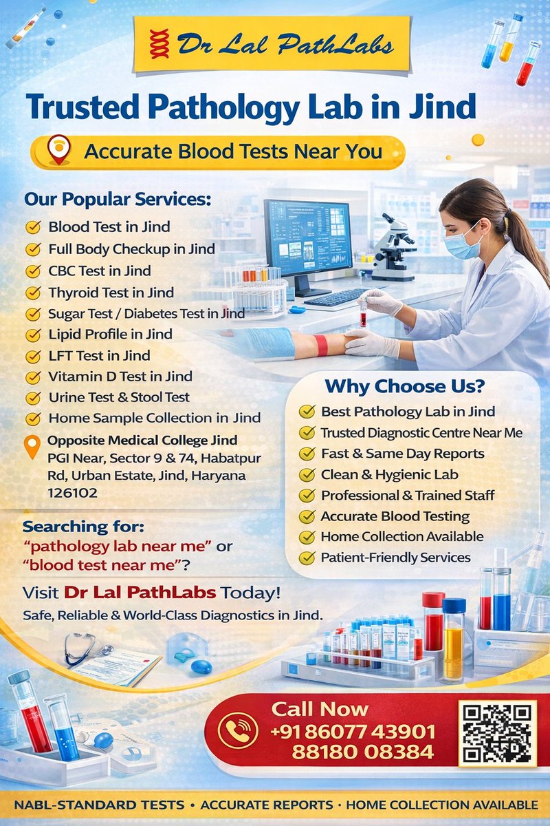 JindCc's tweet image. Trusted Pathology Lab in Jind for accurate blood tests &amp;amp; health checkups.
Home sample collection &amp;amp; same day reports available.
📞 8607743901 | 8818008384
📍 Near Medical College &amp;amp; PGI Jind
#BloodTestInJind #PathologyLabNearMe #DrLalPathLabs #JindHaryana