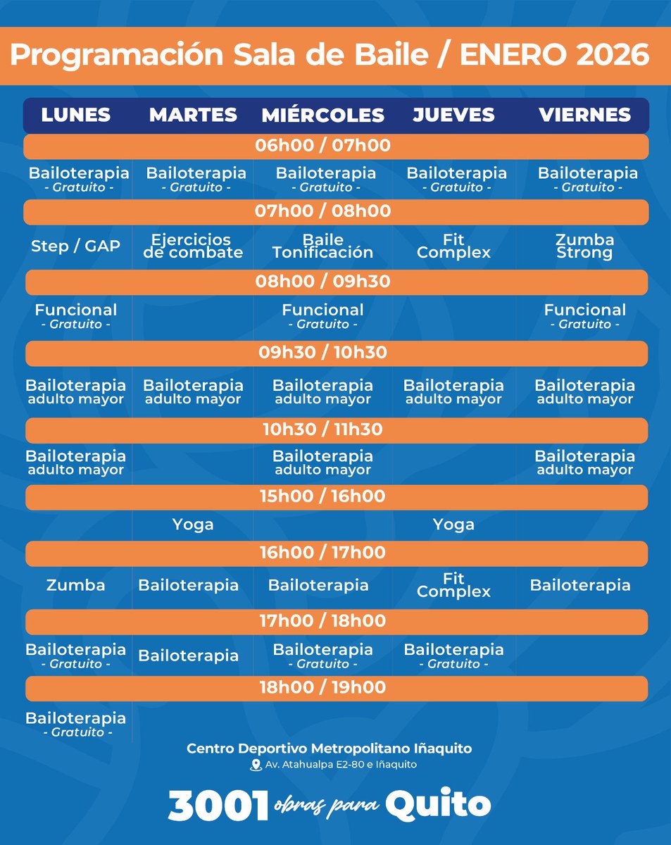 🎉 #DeporteQuito | ¡Haz del deporte tu propósito!

Esta última semana de enero, te esperamos en el Centro Deportivo Metropolitano Iñaquito para compartir actividades físicas.

📍Av. Atahualpa E2-80 e Iñaquito.
📅 Revisa la programación

#QuitoRenace
#QuitoNoSeDetiene
