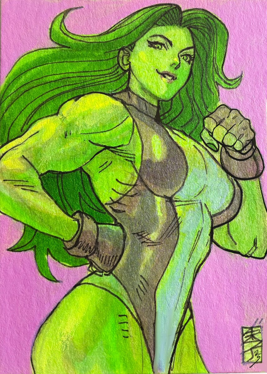 She hulk sketch card 
Ink and acrylics on watercolor card. 

#SheHulk #MarvelRivals #tradingcards