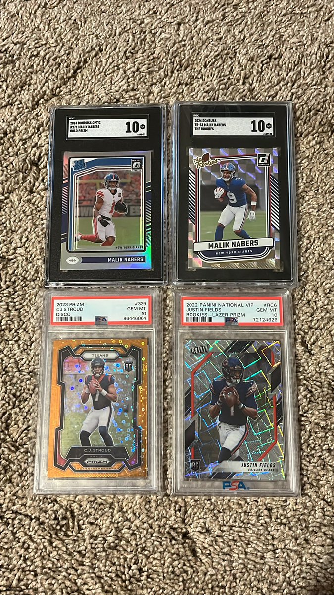 Looking to move these.  RT's appreciated
Nabers Holo $55
Nabers rookies $40
Stroud $90
JF1 Pop9 $45