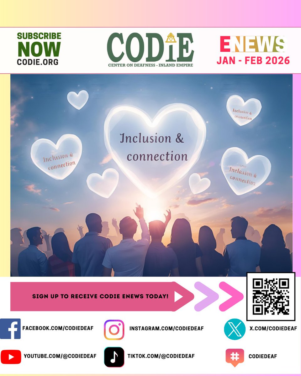 CODIEdeaf's tweet image. Starting 2026 with Inclusion &amp;amp; Connection—creating accessible spaces where Deaf, Hard of Hearing, DeafBlind, Late-Deafened, ASL signers, and our allies feel valued and empowered. mailchi.mp/5111f4b42734/2…

#codiedeaf #Year2026 #TheBeginning