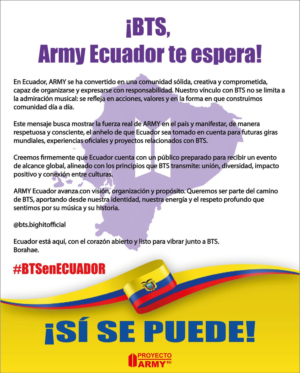 ProyectoArmy_ec's tweet photo. Ecuador está listo para recibir a BTS 🇪🇨💜
Tenemos cultura, pasión y un ARMY organizado que sueña en grande.
#BTSenEcuador 

@TurismoEc @Educacion_Ec @BTS_twt

C.c @Ticketshow https://t.co/RtqiaYIt4U
