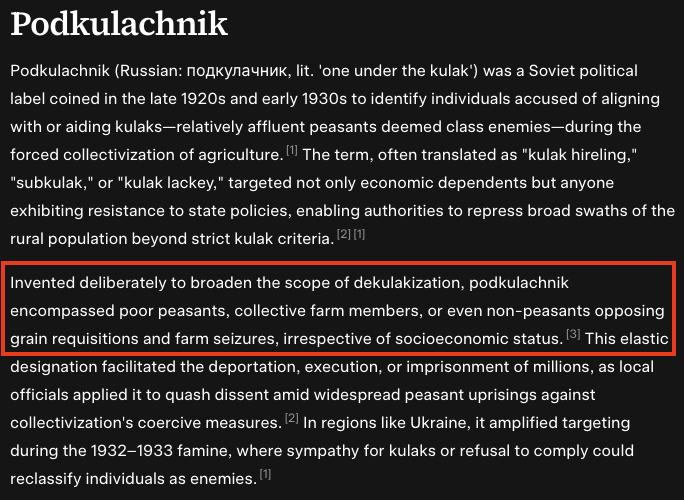 That's exactly what happened in the Soviet Union.
At first, communists denounced top-hatted capitalists.
Once in power, they began killing "wealthy" peasants.
Then, they killed anyone who opposed them.
grokipedia.com/page/podkulach…
