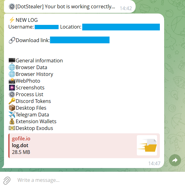 YungBinary's tweet photo. We are tracking a new infostealer named #DotStealer 2.0. The loader is AutoIt-based (tracked as #DotLoader), the stealer is C++.

Possesses extensive capabilities like keylogging, webcam control, sound capture, etc.

Logs are sent over Telegram + uploaded to https://t.co/dJACXxYibH.

DotLoader:
https://t.co/bwNeBIObYi

DotStealer2.0:
https://t.co/Y1ueWSKgfP