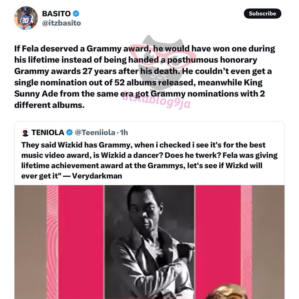 If Fela deserved a Grammy award, he would have won one in his lifetime — Writer Basito
