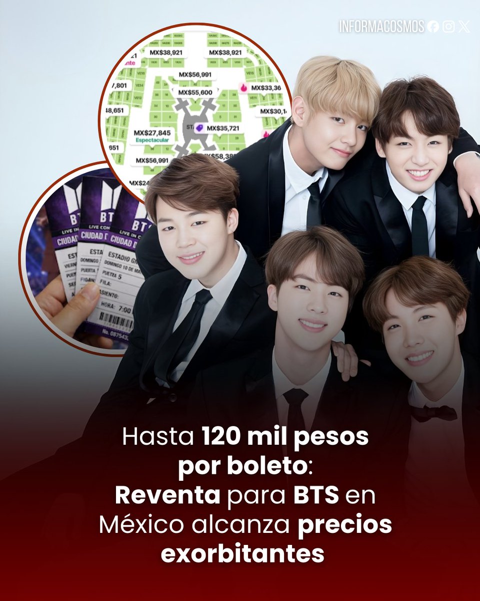 InformaCosmos's tweet image. 🇲🇽 | Reventa de boletos para BTS en México alcanza precios exorbitantes de hasta 120 mil pesos.

El inicio de la preventa para los conciertos de BTS en el Estadio GNP Seguros ha desatado una ola de indignación entre el ARMY mexicano debido a los excesivos precios en plataformas…
