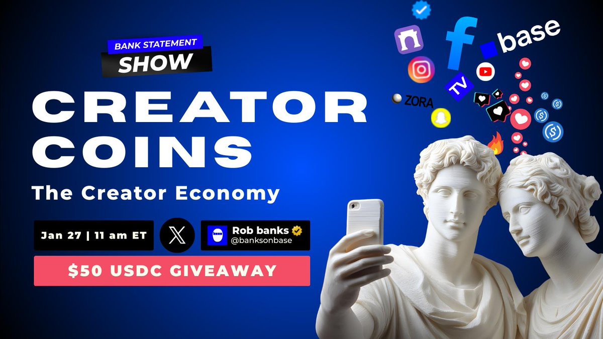 BankStatementHQ's tweet photo. Creator Coins on Base — let’s talk.
Jan 27 • 11AM ET | Bank Statement EP.16
🎧 https://t.co/6ZPwORCpQX
🎁 $50 USDC (2×$25) — Follow, Like, RT, tag 2, be present to win.
#Base #CreatorCoins #CreatorEconomy #RobBanks https://t.co/lYGadt64F5