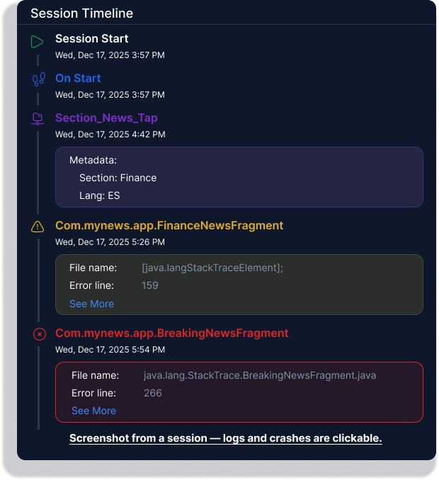 AppAmbit's tweet photo. “Can you reproduce the crash?”
With a session timeline, you don’t have to.
Every crash is automatically linked to the full session that caused it — screens, events, logs, and timing included.
No guesswork. https://t.co/ZECbG7N7wI