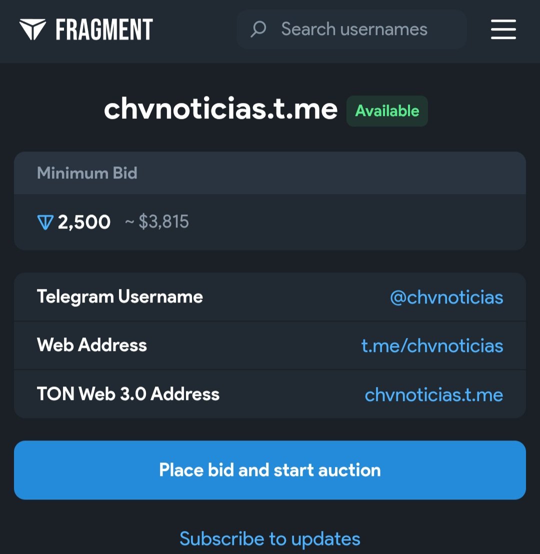 Collectionfts's tweet image. ¡OPORTUNIDAD DE ORO!
Adquiere @chvnoticias, un nombre de usuario de alto valor en Telegram!
Puja mínima: 2500 $TONCOIN
¡Inicia la subasta ahora!
fragment.com/username/chvno…
#TONCOIN #Telegram #nombredeusuario #news #chvnoticias