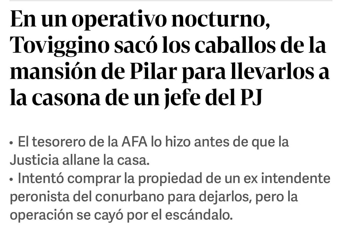 Los bolsos de López, un poroto.

Toviggino sacó los caballos de la mansión de Pilar para llevarlos a la casona de un jefe del PJ.

Justo antes de que la Justicia allane.

Son 14 equinos que valen millones de dólares. 

Una bomba de Mariano Roa.