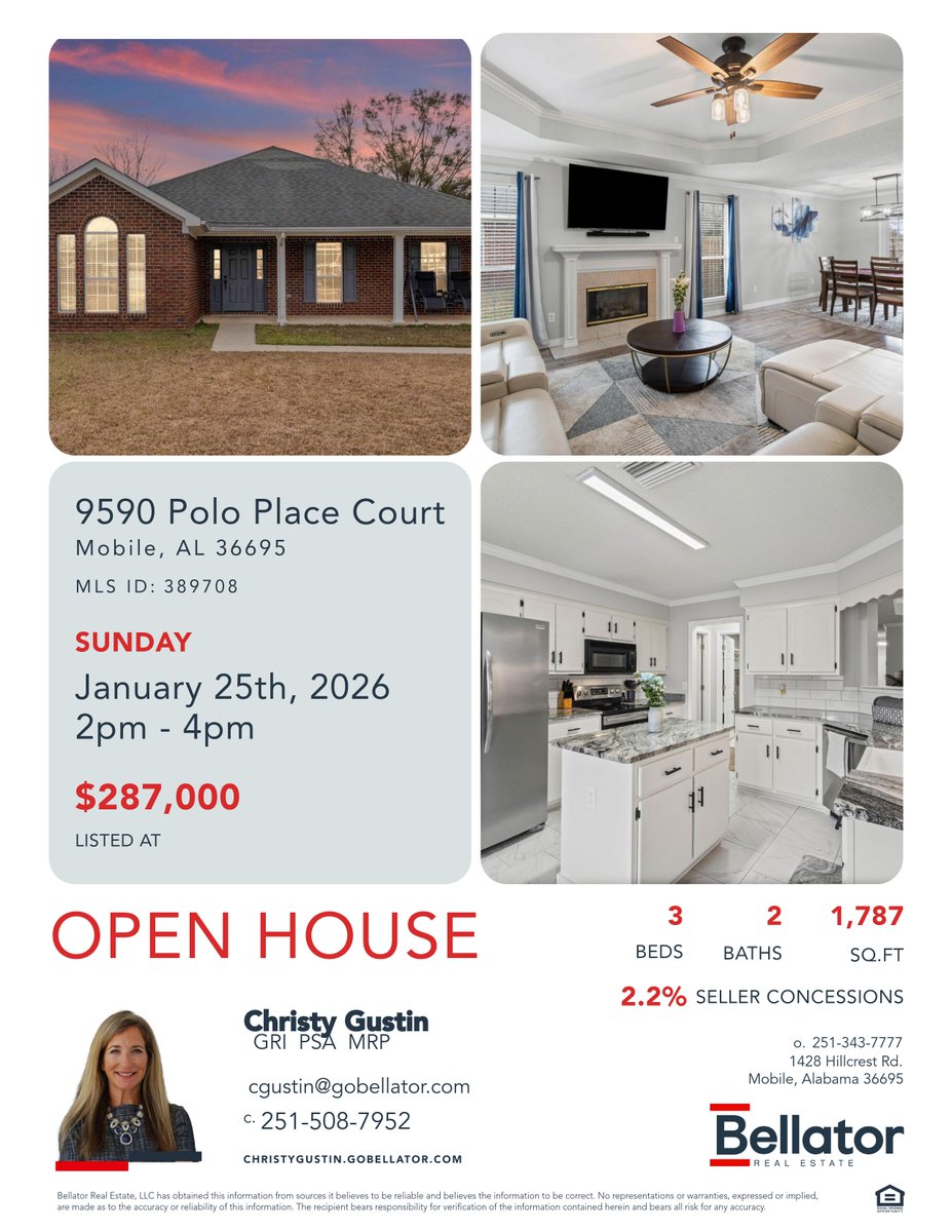 ChristyGustin1's tweet image. Open House this Sunday, Jan 25th, 2026 2-4PM in this popular West Mobile location. This area grew in value 18% over the last 2 years. Incredible.   #BellatorRealEstate #MobileAL #ISellSouthAlabama #WeMo #WestMobile