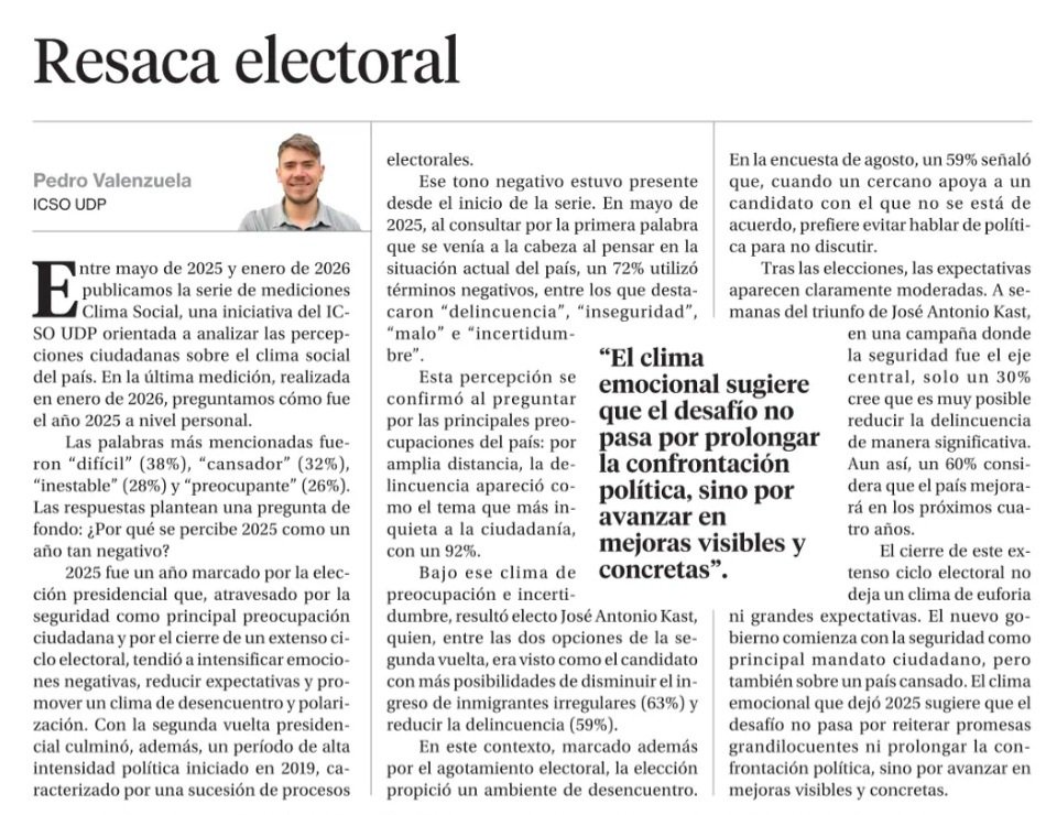 climasocialudp's tweet photo. No hubo euforia post electoral.
Hubo cansancio 😮‍💨

Columna de Pedro Valenzuela (Clima Social Encuesta @icsoUDP), sobre la incertidumbre y expectativas moderadas, 🗞️ hoy en La Segunda

📊 Informe capítulo 8 (enero) disponible en:
https://t.co/j0QLCWAEq7 https://t.co/CleSRtRWLT
