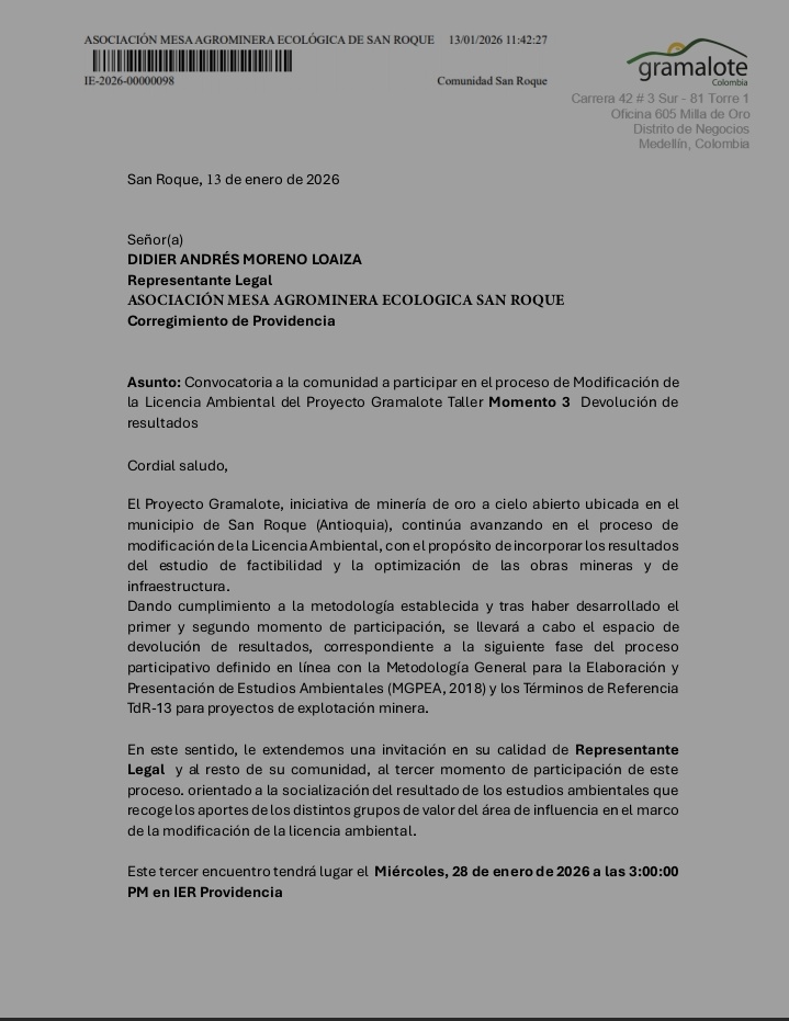 <a href="/RuraliaUrbana/">Ruralia Urbana</a> <a href="/sanroqueant/">alcaldiasanroque</a> <a href="/NoticiasUno/">Noticias Uno</a> <a href="/DefensoriaCol/">Defensoría del Pueblo</a> <a href="/ONUHumanRights/">ONU Derechos Humanos Colombia</a> <a href="/PGN_COL/">Procuraduría General de la Nación</a> <a href="/cuestion_p/">Cuestión Pública</a> <a href="/MongabayLatam/">Mongabay Latam</a> <a href="/elespectador/">El Espectador</a> <a href="/VoragineCo/">Vorágine</a> <a href="/FiscaliaCol/">Fiscalía Colombia</a> 🚨 DENUNCIA PÚBLICA: 
Soy Didier Andrés Moreno Loaiza, líder de mineros ancestrales. El próximo 28 de enero enfrentamos una decisión arbitraria que afecta nuestro territorio. #NoAlEntrampamientoMinero