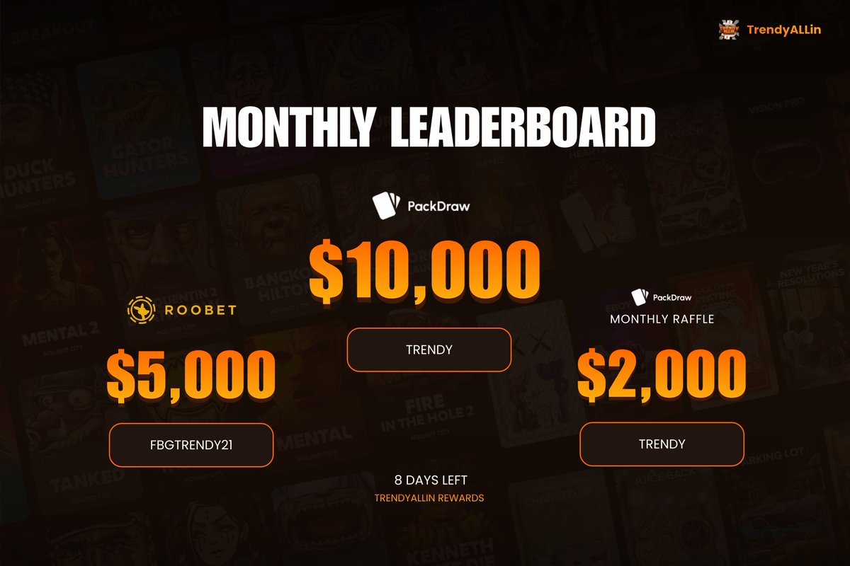 MONTH ENDING, LEADERBOARDS ENDING, LOCK IN YOUR SPOT ON THE LEADERBOARDS AND GRAB YOUR REWARDS!💰

🔗 trendyallin.gg for the latest <a href="/Roobet/">Roobet</a> and <a href="/PackDraw/">PackDraw</a> leaderboard updates! 🔥