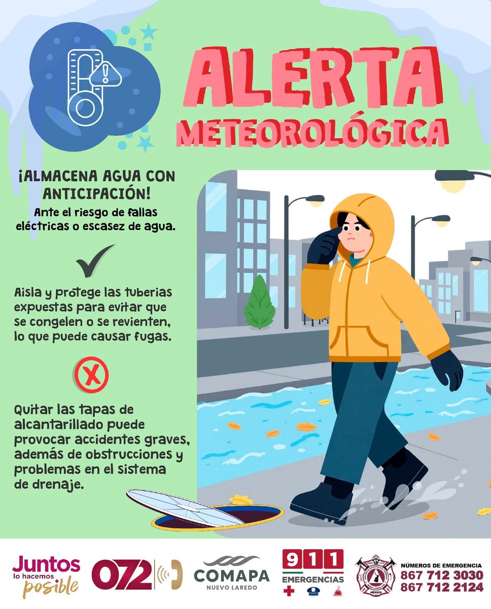 ComapaNvoLaredo's tweet photo. ¡Ya viene el frío! ❄️

Ante el pronóstico para los siguientes días, es importante tomar precauciones para evitar daños en casa y riesgos en la vía pública.

#JuntosLoHacemosPosible✨ https://t.co/lA3pe7Hp97