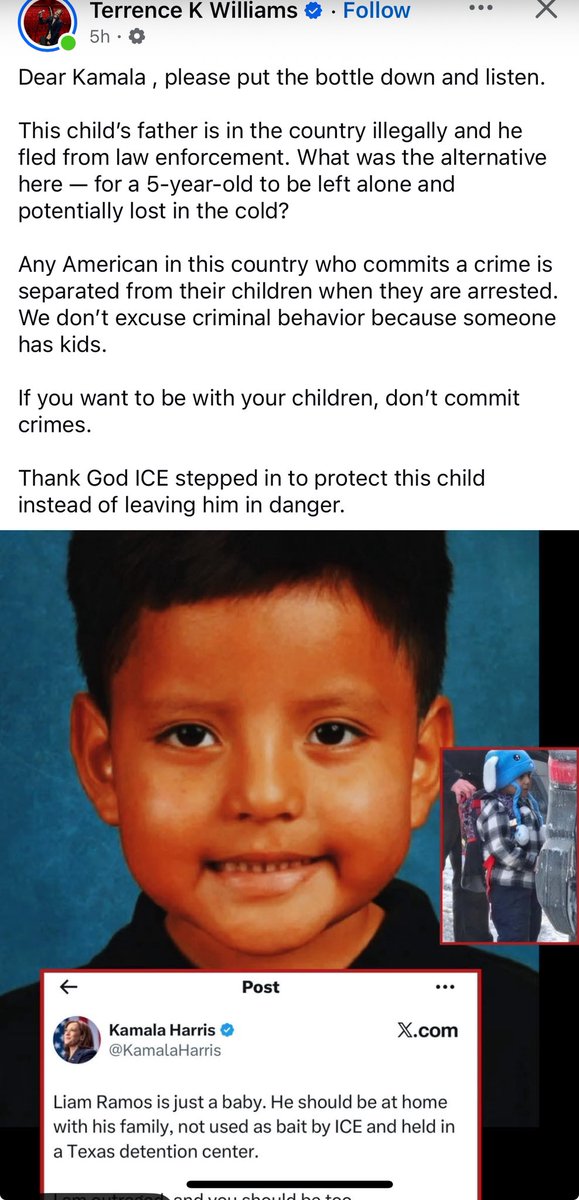 TCMT1993's tweet photo. @KamalaHarris NT trying to use that agenda of you Dems but ICE stuck w/ this child when the father took off &amp; left him. So I am outraged but not at ICE, at the POS father this child was given. Not only did he come here illegally &amp; put his child in this position, he abandoned him to run. https://t.co/nnlXrbLdsa