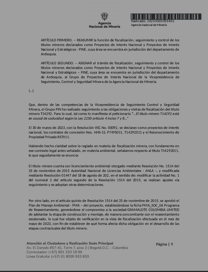 <a href="/RuraliaUrbana/">Ruralia Urbana</a> <a href="/sanroqueant/">alcaldiasanroque</a> <a href="/NoticiasUno/">Noticias Uno</a> <a href="/DefensoriaCol/">Defensoría del Pueblo</a> <a href="/ONUHumanRights/">ONU Derechos Humanos Colombia</a> <a href="/PGN_COL/">Procuraduría General de la Nación</a> <a href="/cuestion_p/">Cuestión Pública</a> <a href="/MongabayLatam/">Mongabay Latam</a> <a href="/elespectador/">El Espectador</a> <a href="/VoragineCo/">Vorágine</a> <a href="/FiscaliaCol/">Fiscalía Colombia</a> Estamos bajo riesgo de engaño institucional por parte de Gramalote Colombia Limited. Exigimos el respeto al debido proceso y a nuestra labor ancestral. <a href="/petrogustavo/">Gustavo Petro</a> <a href="/MinEnergiaCo/">Minenergía</a>