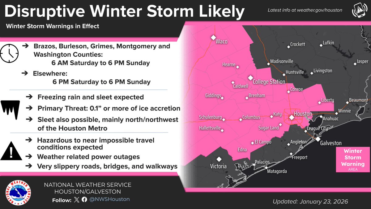 NWSHouston's tweet image. ⚠️ Ice Storm &amp;amp; Winter Storm Warnings are in effect for ice and sleet. Expect hazardous to near impossible travel and power outages.

Dangerous Cold: An Extreme Cold Warning takes effect Saturday evening through early next week.

Preparations should be completed today!
