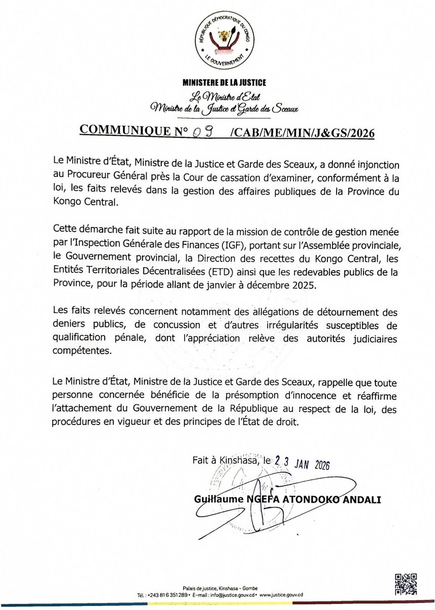 afrikarabia's tweet image. #RDC Le ministre de la #Justice @NgefaGuillaume demande au procureur général de se saisir de faits de détournements de fonds et d’irrégularités dans les affaires publiques du #Kongo Central après un rapport de l’@IgfRdc