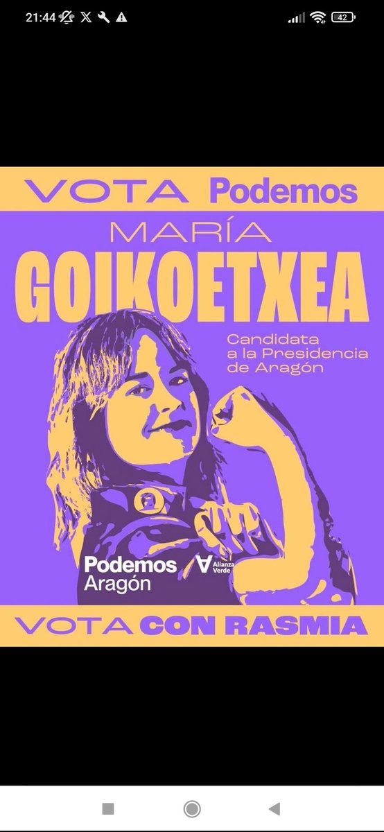 Podemos Aragón 
🔥Arranca la ilusionante campaña de Podemos Aragón y Alianza Verde. 
Vamos a poner a la izquierda aragonesa en pie. 
Con @mariagoikoetxeabernad sí se puede!

El 8 de febrero, vota CON RASMIA, vota PODEMOS💜