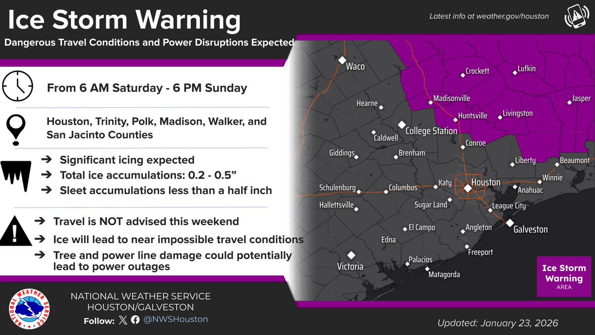 NWSHouston's tweet image. ⚠️ Ice Storm &amp;amp; Winter Storm Warnings are in effect for ice and sleet. Expect hazardous to near impossible travel and power outages.

Dangerous Cold: An Extreme Cold Warning takes effect Saturday evening through early next week.

Preparations should be completed today!